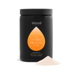 WelleCo The HydroProtein Elixir Passionfruit 270g black jar with a mound of pale powder