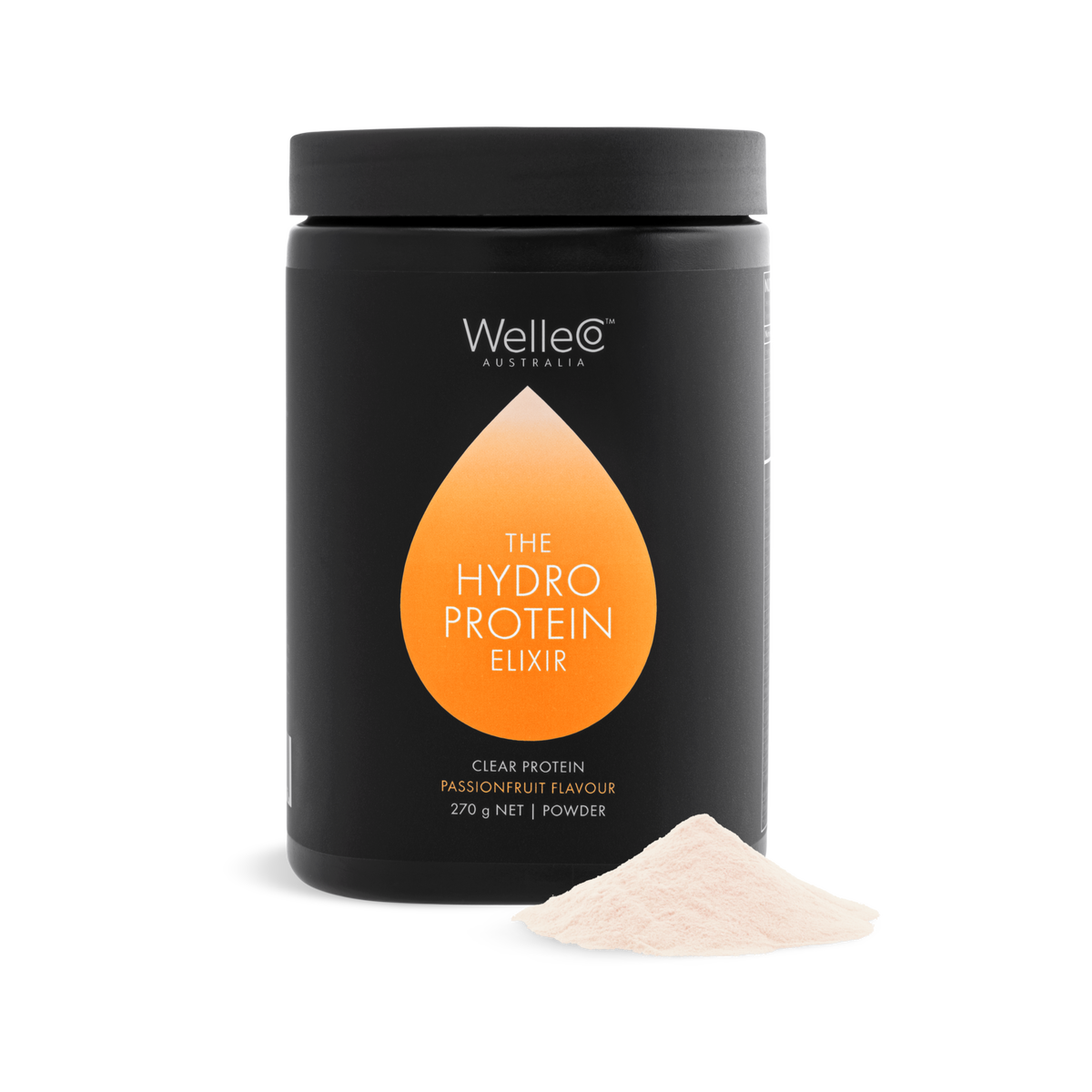 WelleCo The HydroProtein Elixir Passionfruit 270g black jar with a mound of pale powder