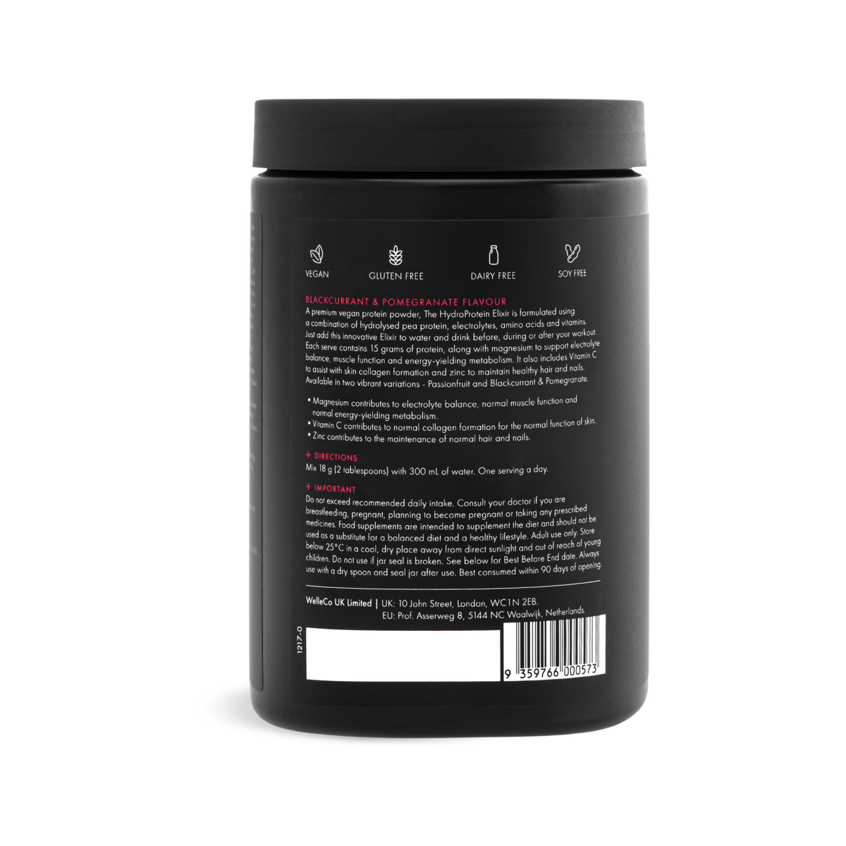 WelleCo The HydroProtein Elixir jar back label with directions and nutrient statements
