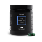 WelleCo The Immune Elixir 60 vegan capsules black jar packshot with two green capsules