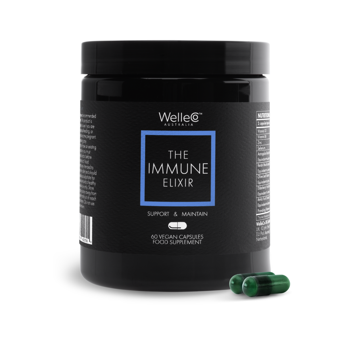 WelleCo The Immune Elixir 60 vegan capsules black jar packshot with two green capsules