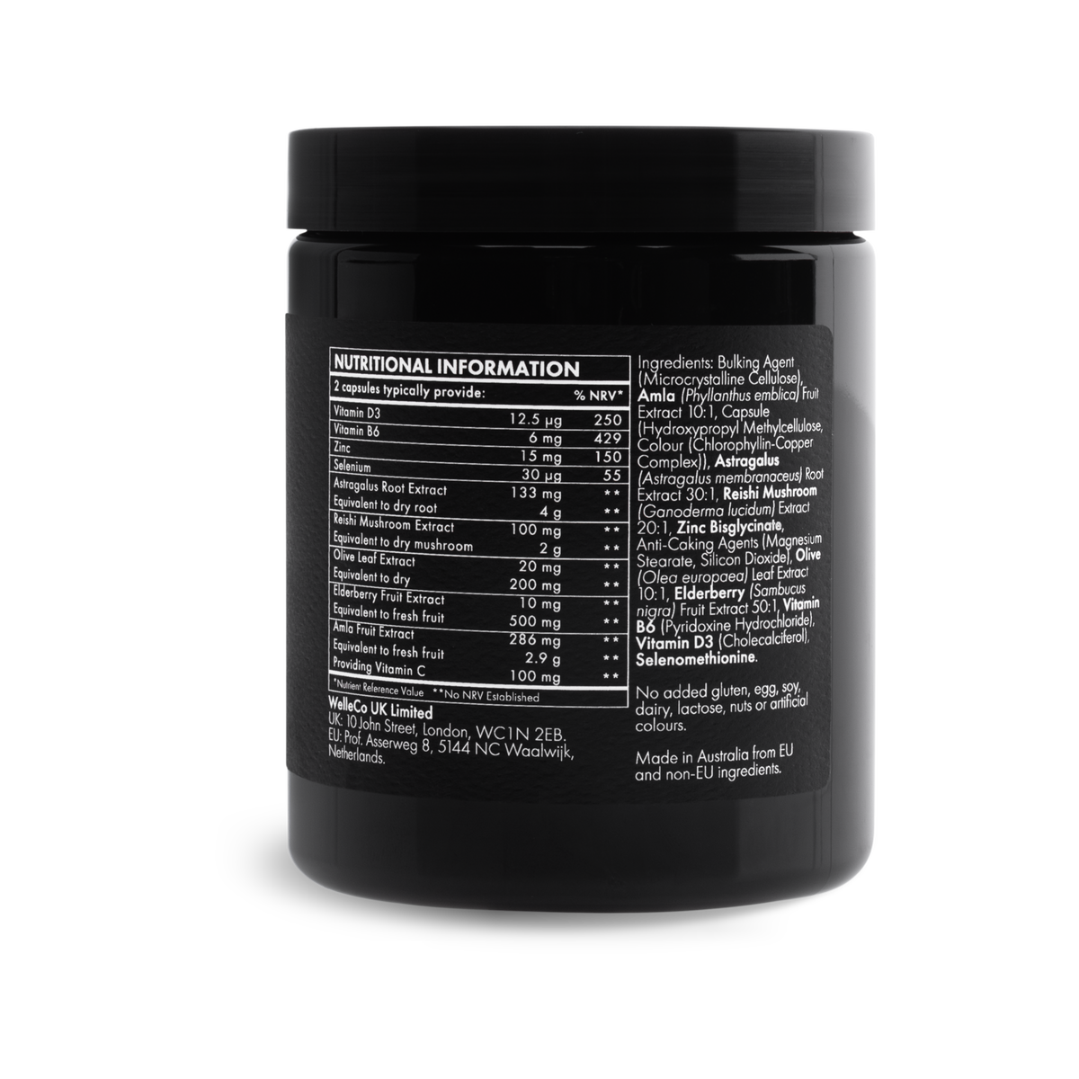 WelleCo The Immune Elixir jar side label with nutritional information and ingredients
