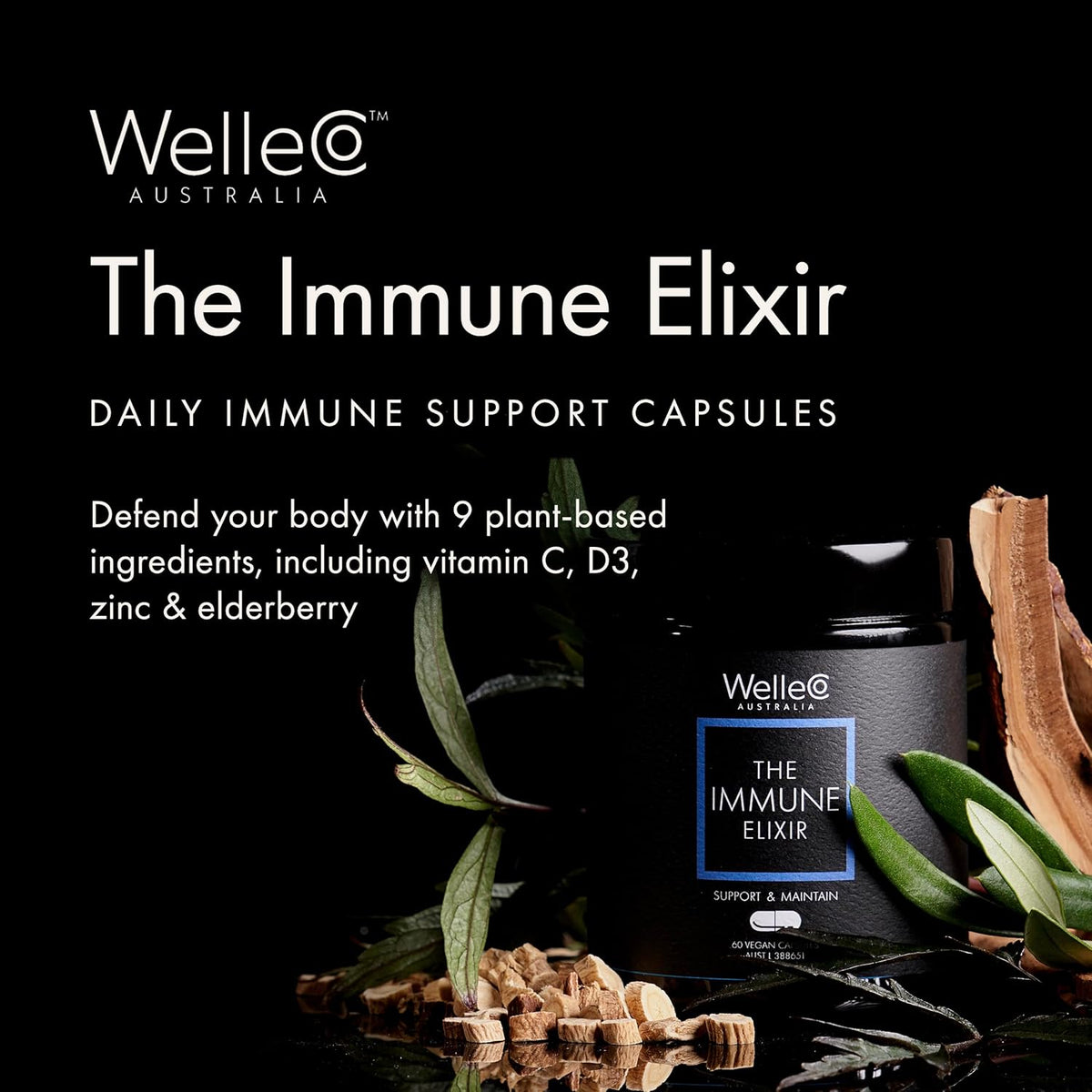 WelleCo The Immune Elixir brand graphic: jar among reishi, astragalus root and olive leaves with the headline Daily Immune Support Capsules