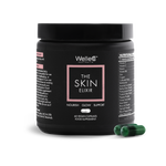 WelleCo The Skin Elixir 60 vegan capsules black jar packshot with two green capsules