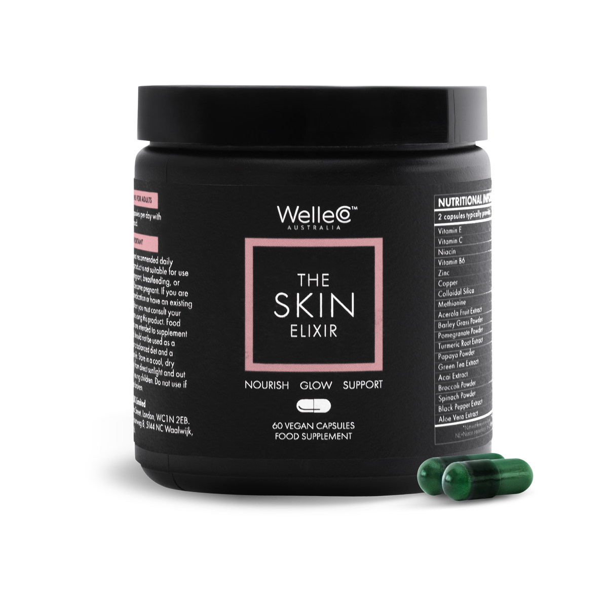 WelleCo The Skin Elixir 60 vegan capsules black jar packshot with two green capsules