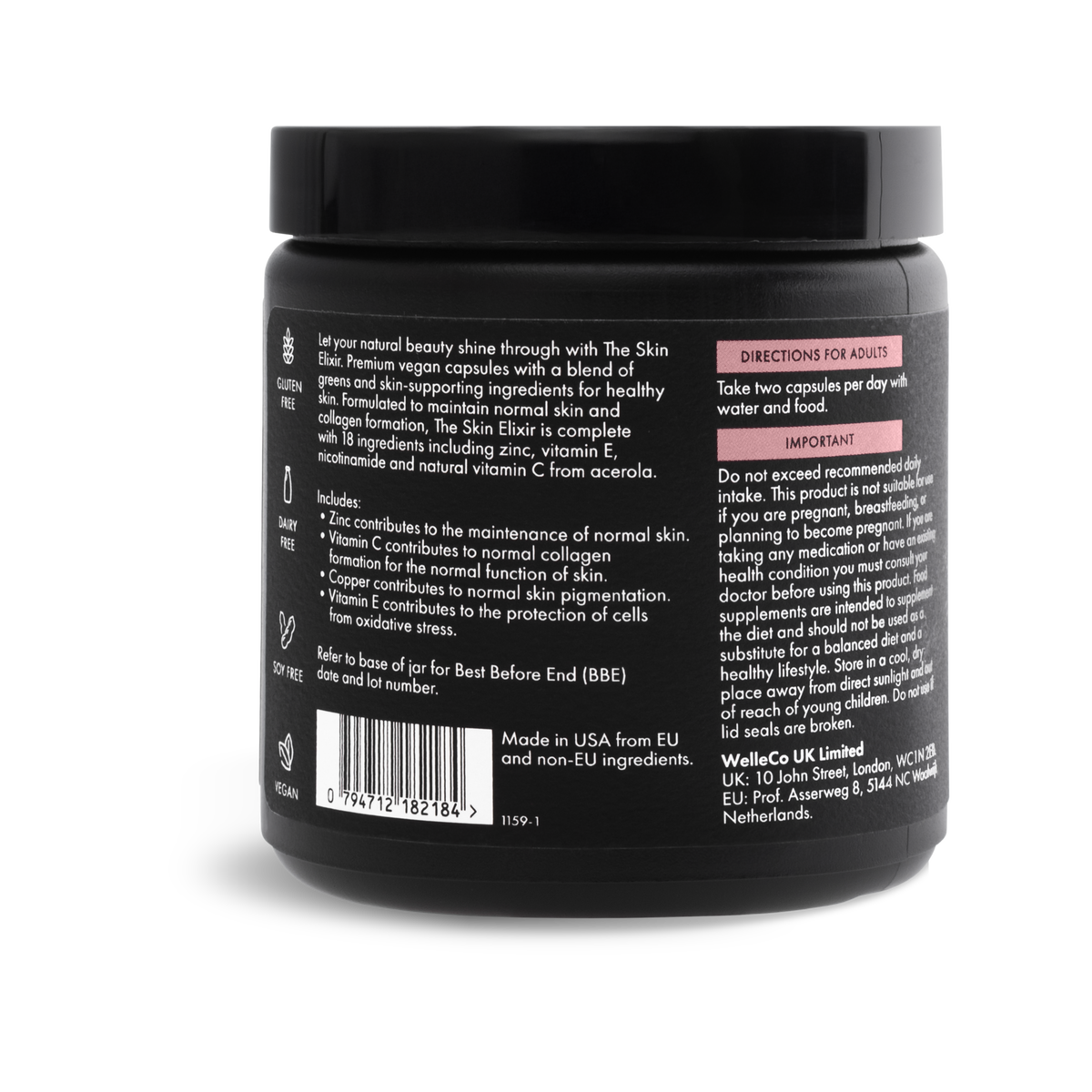 WelleCo The Skin Elixir jar back label with directions and nutrient claims