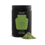WelleCo The Super Elixir Original Pineapple and Lime 300g black jar packshot with a mound of greens powder