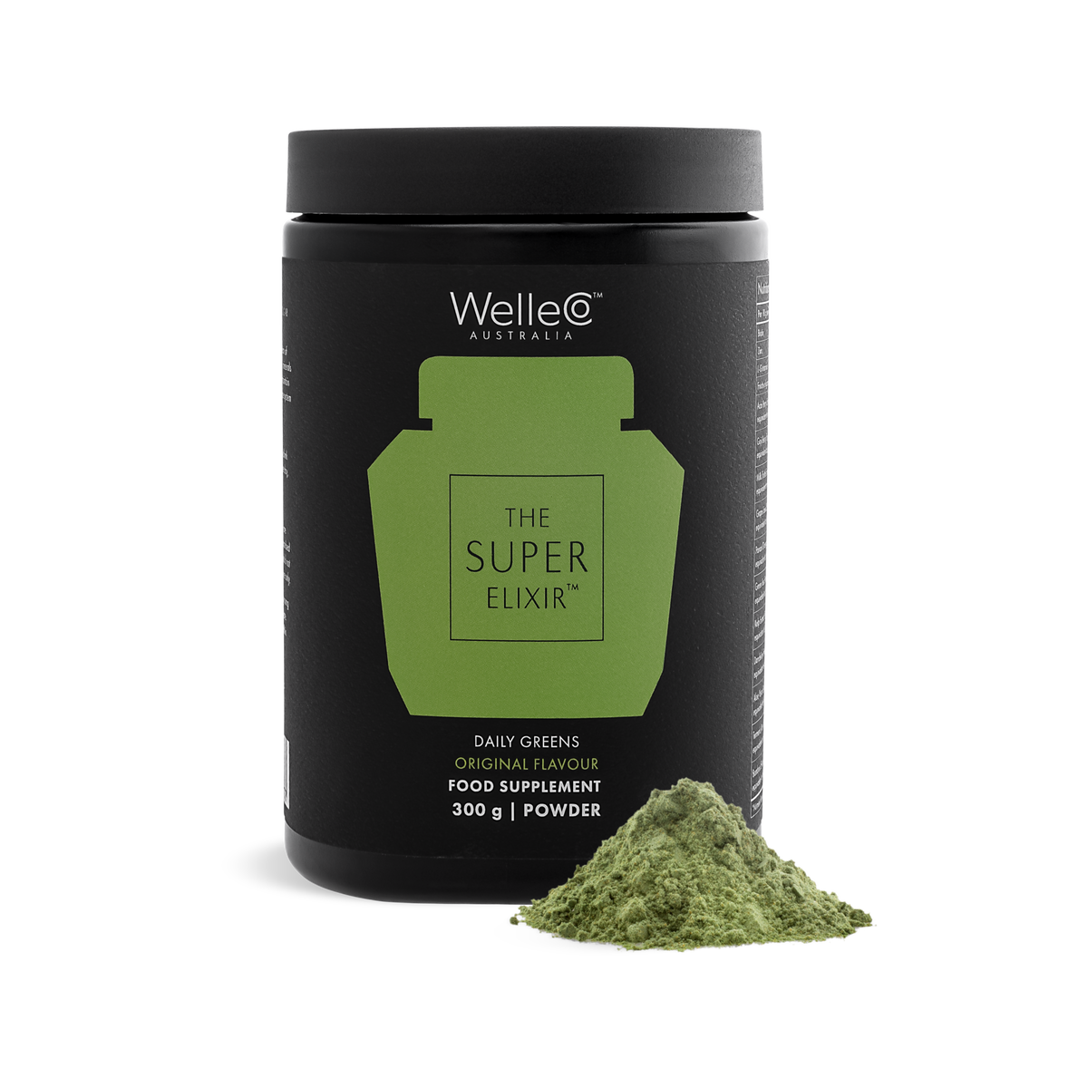 WelleCo The Super Elixir Original Pineapple and Lime 300g black jar packshot with a mound of greens powder