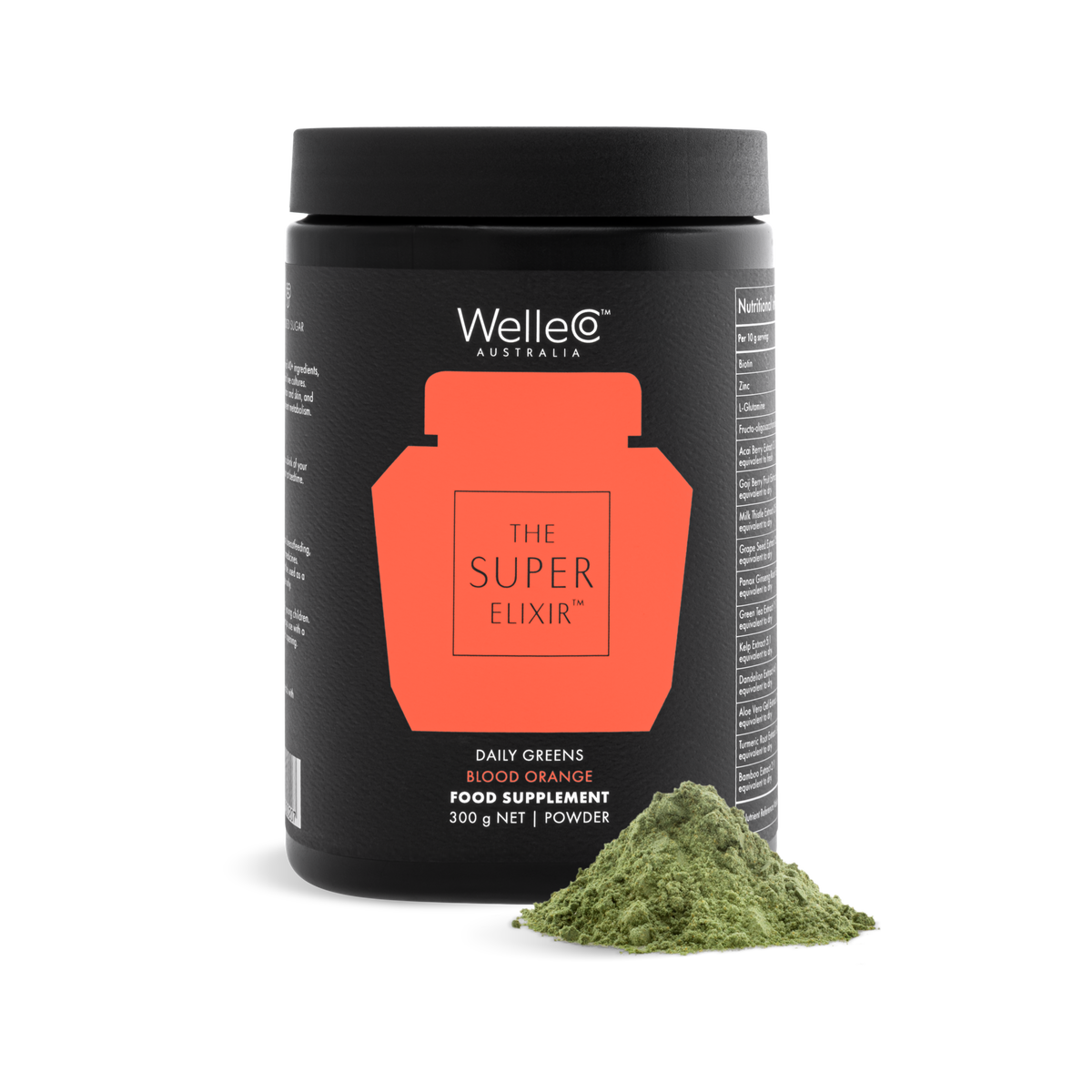 WelleCo The Super Elixir Blood Orange 300g black jar packshot with a mound of greens powder