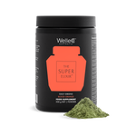 WelleCo The Super Elixir Blood Orange 300g black jar packshot with a mound of greens powder