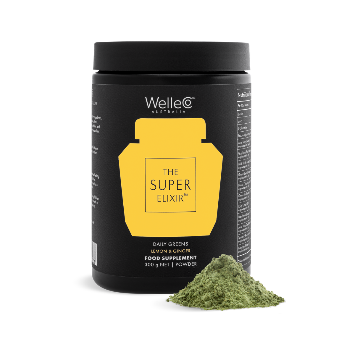 WelleCo The Super Elixir Lemon and Ginger 300g black jar packshot