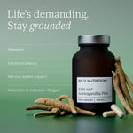 Wild Nutrition Food-Grown KSM-66 Ashwagandha Plus jar with ashwagandha roots and key benefits