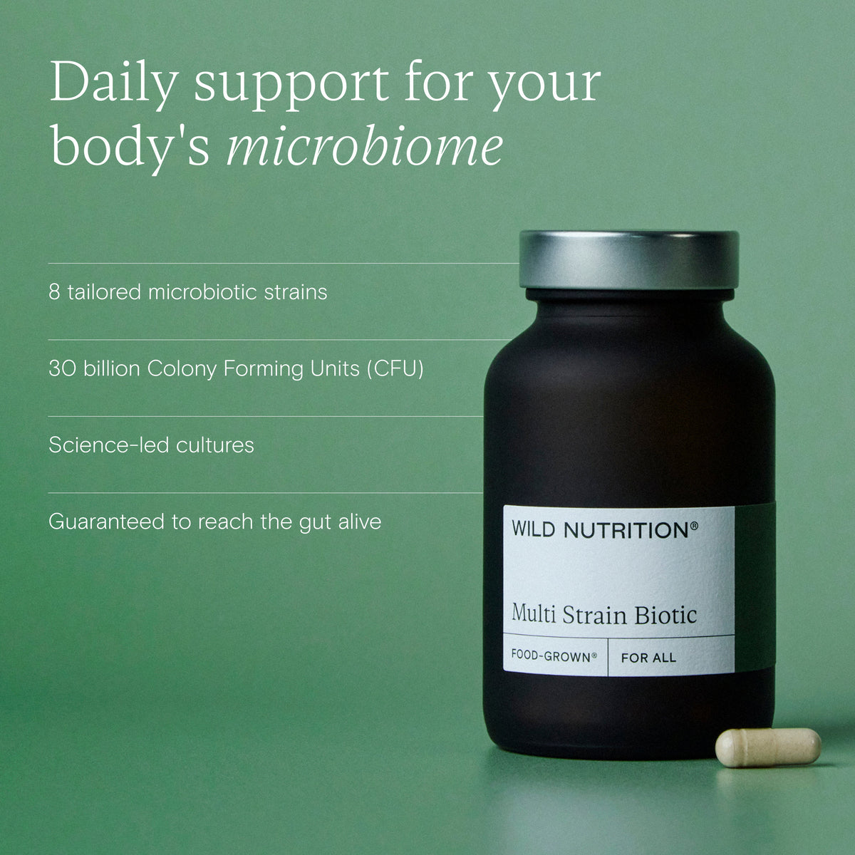 Wild Nutrition Food-Grown Multi Strain Biotic jar with capsule and key benefits