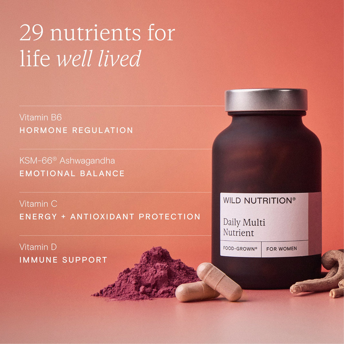 Wild Nutrition Food-Grown Women's Daily Multi Nutrient jar with capsules and key nutrient benefits