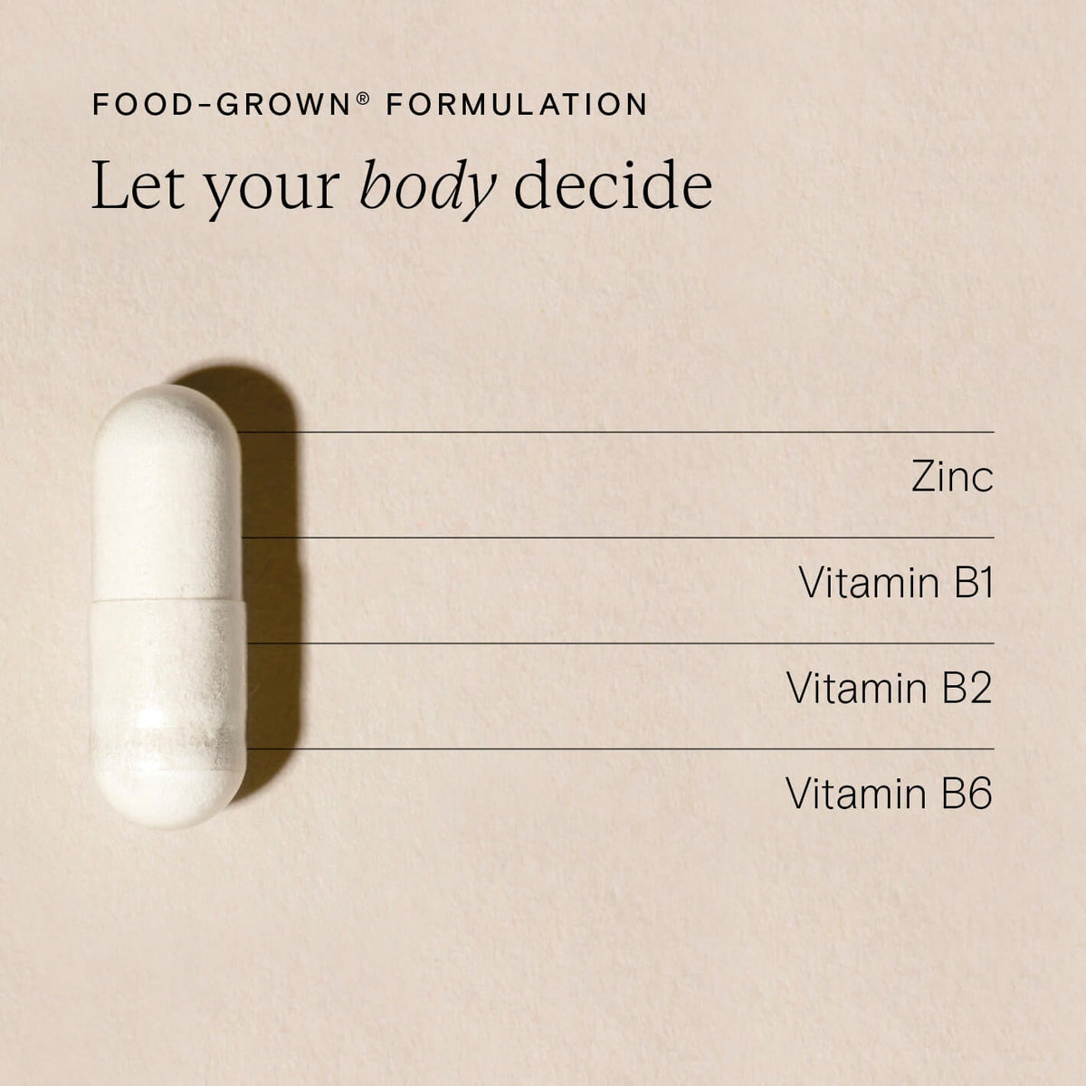 Wild Nutrition Food-Grown Zinc Plus capsule showing zinc and B vitamins