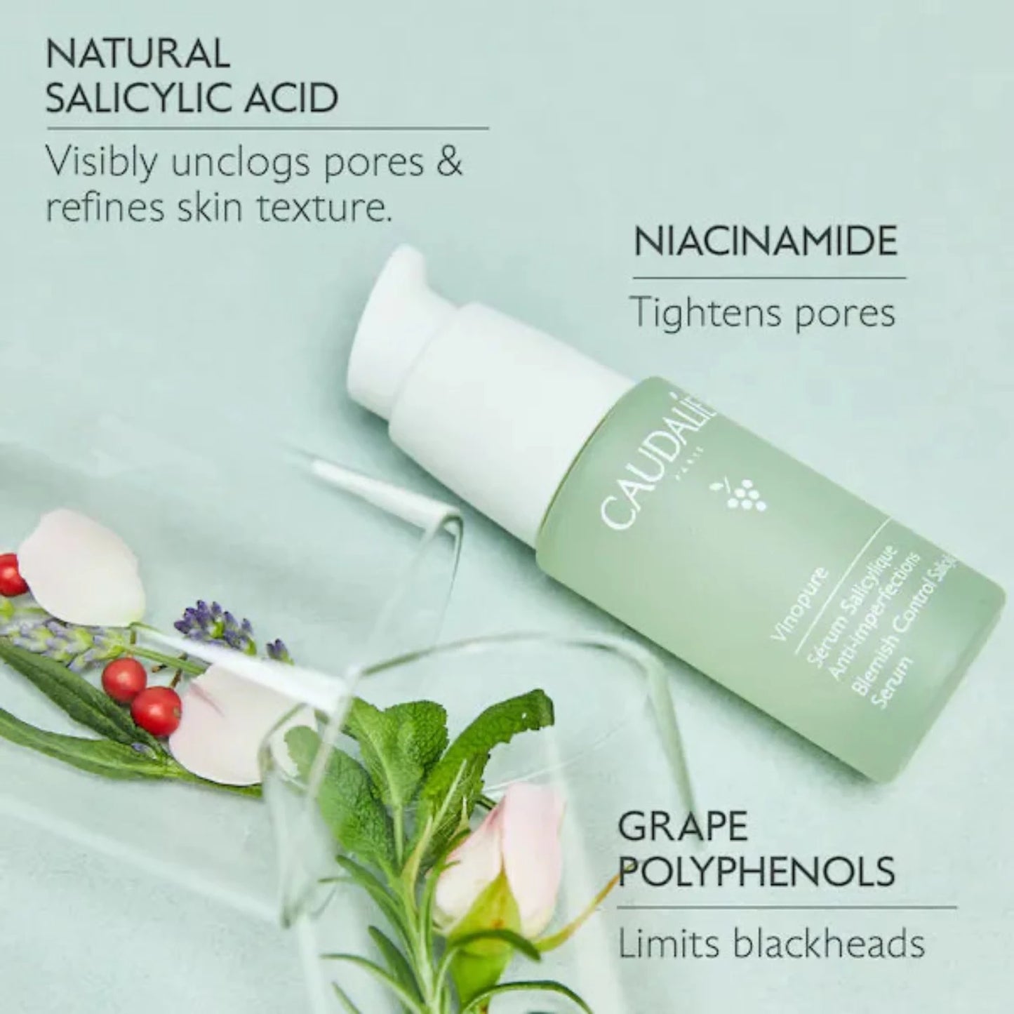 Caudalie Vinopure Skin Perfecting Serum unclogs pores and refines skin texture while limiting blackheads using grape polyphenols extract. 