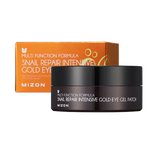Mizon Snail Repair Intensive Gold Eye Gel Patch with 24 carat gold and snail slime extract with Mizon's Multi Function Formula eye mask. 