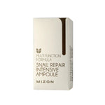 MIZON Snail Repair Intensive Ampoule with barberry root extract helps to treat skin hyperpigmentation, while cornus fruit and pomegranate extract soothe sensitive skin.