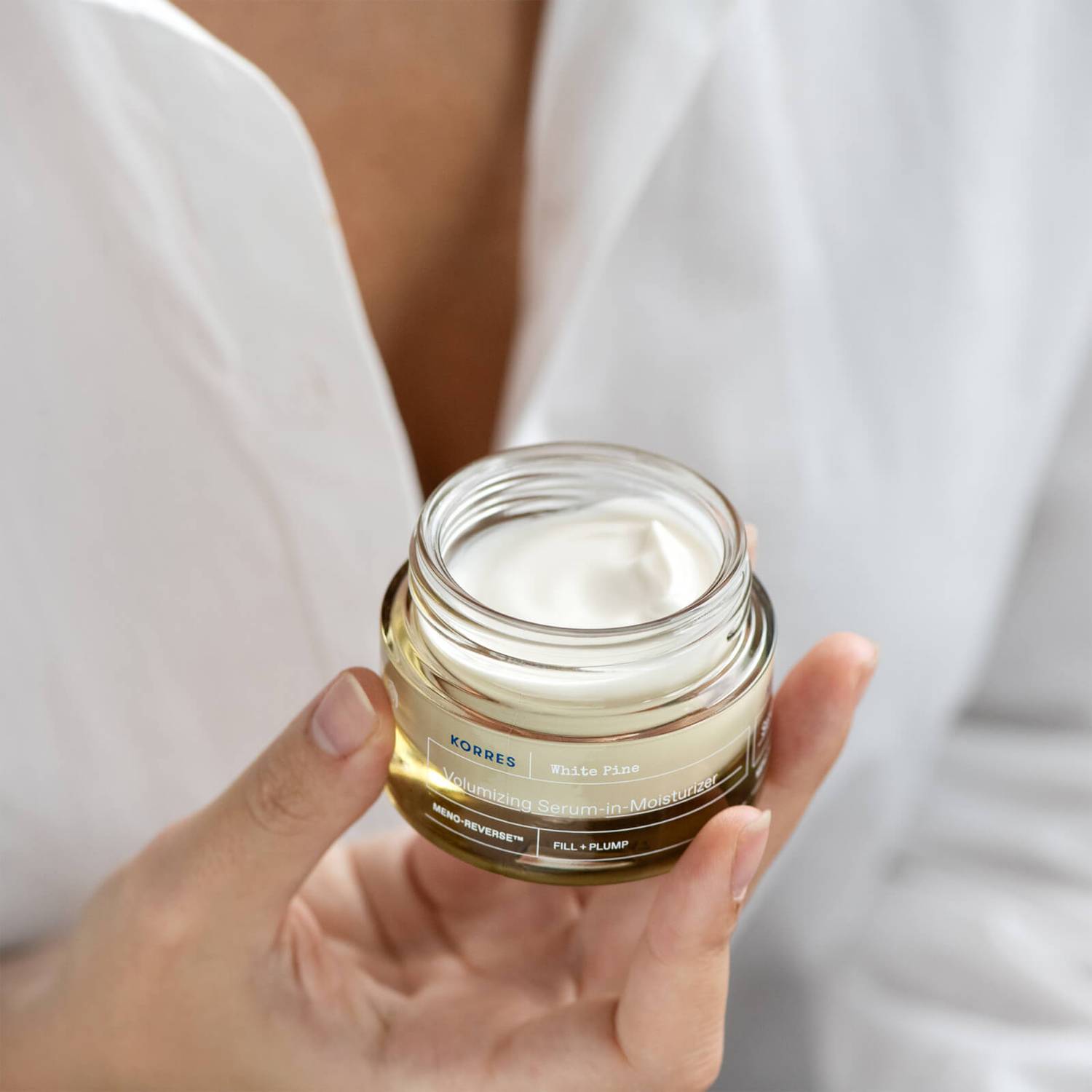 Korres White Pine Meno-Reverse Serum-in-Moisturiser is designed for women after menopause to target signs of sagging skin to visibly plump and lift the face. 